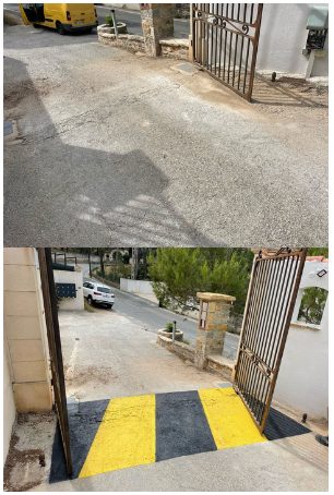 zébrage routier au sol par bandes de peinture jaune et noir afin de sécuriser le débattement des portails et portes automatiques par automatisations services